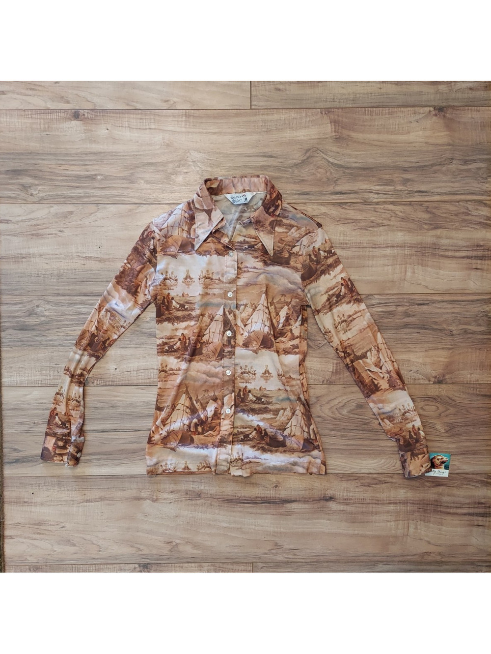 Stuffed Shirt XS Brown Beige Scenic Print Polyester Long Sleeve Point Collar